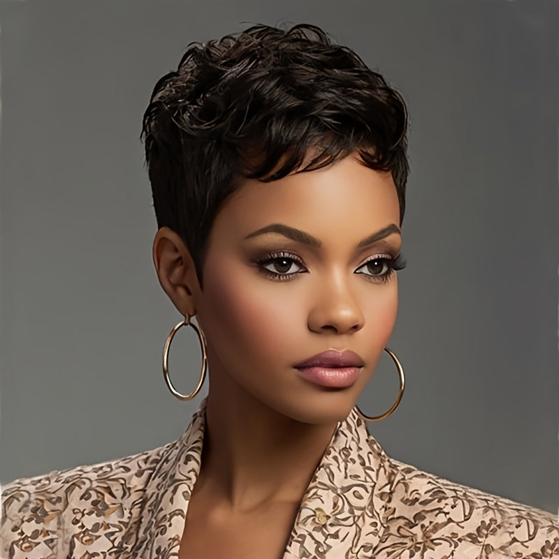 Synthetic Brown Hair Wig Short Pixie Cut Wig Synthetic Hair Wigs for Women Wavy Wigs for Women Short Haircut Wig Wavy Hair Layered Hairstyles for Women Short Pixie Wig for Holiday Party Wig Brown Hair