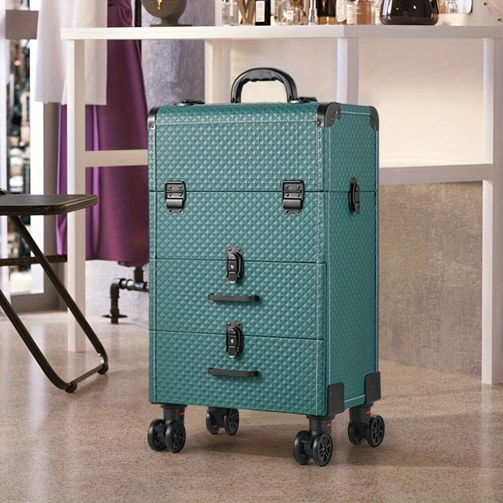 Large 3-in-1 Makeup Trolley Case – Professional Hairdressing Vanity Beauty Box with Wheels, PU Aluminium Frame Cosmetic Storage, 37x25x56cm, Rose Gold & Black