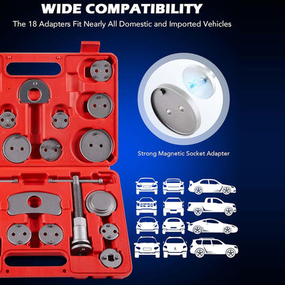 Universal New Brake Caliper Piston Rewind Wind Back Tool Kit Set 23pcs Disc Brake Caliper Compression Tool Kit And Piston Wind Back Tool with Case for Brake Pad Replacement Reset, Professional Heavy Duty Car Brake Caliper Compression Universal Tool