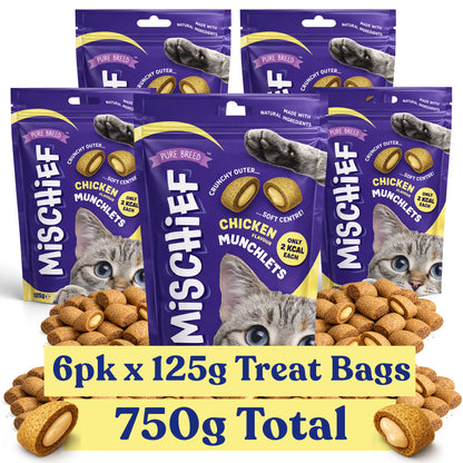 Pure Breed Mischief Cat Treats 6 Pack | Chicken Flavour Pillow Snacks for Cats | Crunchy Outside & Soft Creamy Centre | High Protein Low Calorie Cat Bites (Only 2 kcal Each) | Natural Resealable Cat Treat Pouches