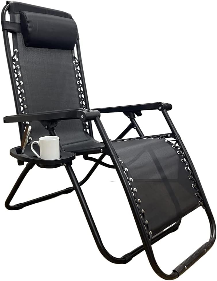 Zero‑Gravity Style Reclining Lounger – Folding Textoline Outdoor Chair with Side Tray & Headrest (Black)