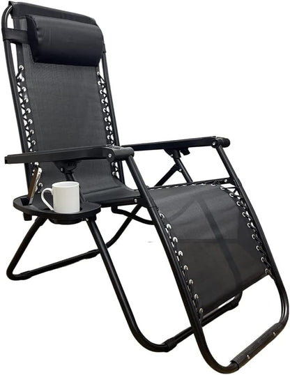 Zero‑Gravity Style Reclining Lounger – Folding Textoline Outdoor Chair with Side Tray & Headrest (Black)