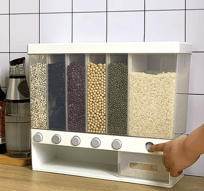 6 in1 Cereal Dispenser Dry Food Dispenser Storage Container Wall Mount Cereal Grain Rice Dispenser 6 Grid Rice Dispenser Food Bucket for Kitchen Home