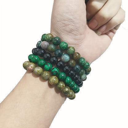 5pcs Set Natural Tiger Eye Indian Agate Fashion Men's Bracelet Map Stone Amazonite Couple Bracelet Black Line Red Vein Stone Pink Zebra Multi-Piece Set Elastic Beaded Bracelet Gift for Friends Family Holiday Birthday Gift for Son Dad Father's Day