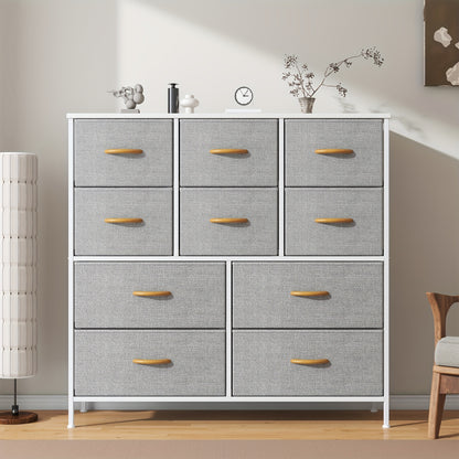 A 10-Drawer Dresser Featuring a Robust Metal Structure, MDF Wood Surface, Fabric Drawers, Adjustable Legs, And Anti-Tip Safety Measures - Perfect for Organizing Storage in a Bedroom, Closet, Living Room, Or Office
