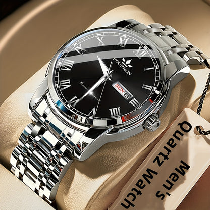 1pc FOURRON Brand New Trendy Fashion Men'S Quartz Watch Stainless Steel Strap with Day Date, Roman Numeral Disc Multi-Function Luminous Luxury Men'S Wristwatches, Friends And Relatives Birthday Gifts, Holiday Party Gifts Preferred Choice