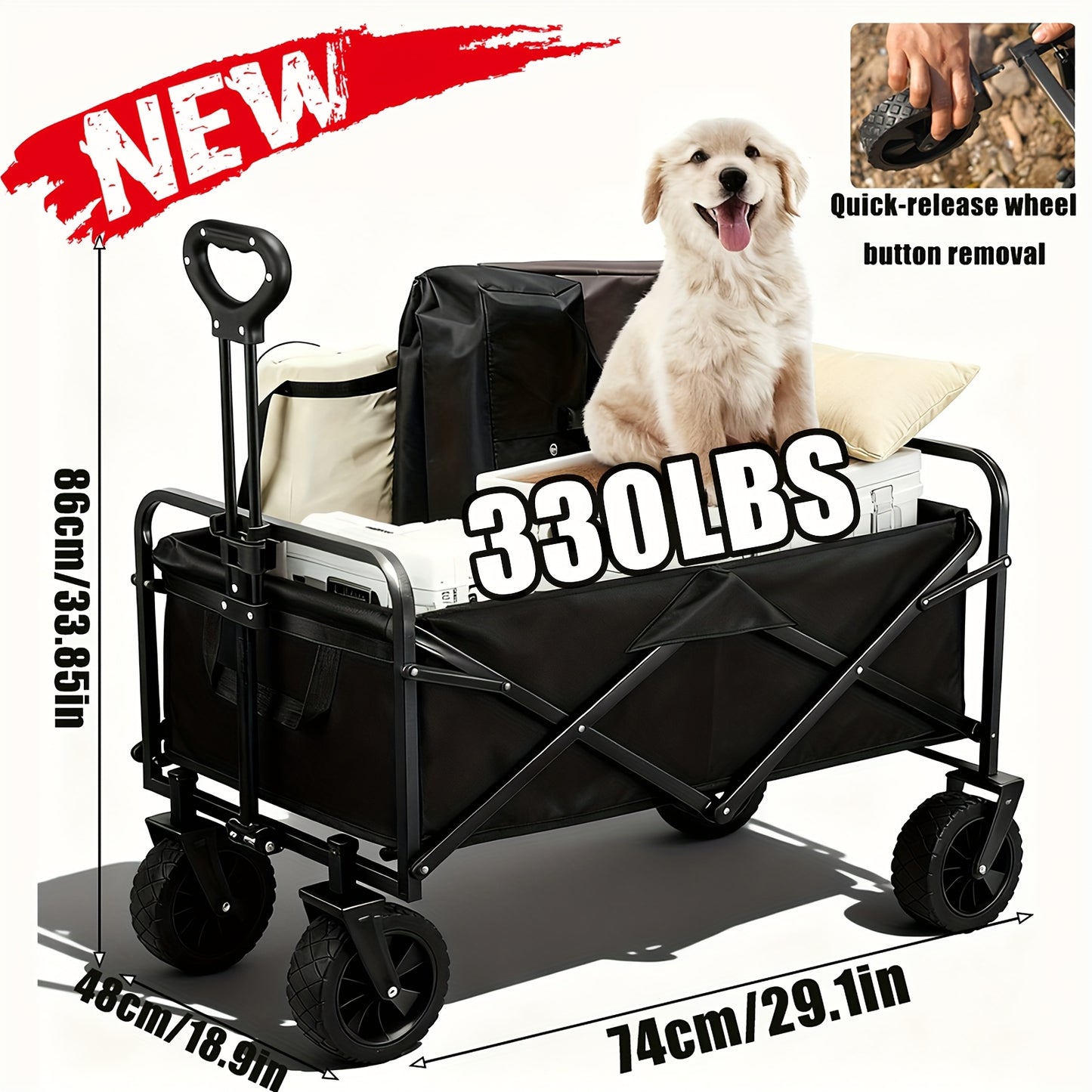 1pc Large Capacity Campervan for 149.69KG with Drinks Pocket, Heavy Duty Utility Wagon, All Terrain Trolley for Groceries Outdoor Beach Gardening Shopping Pet Outings Fishing