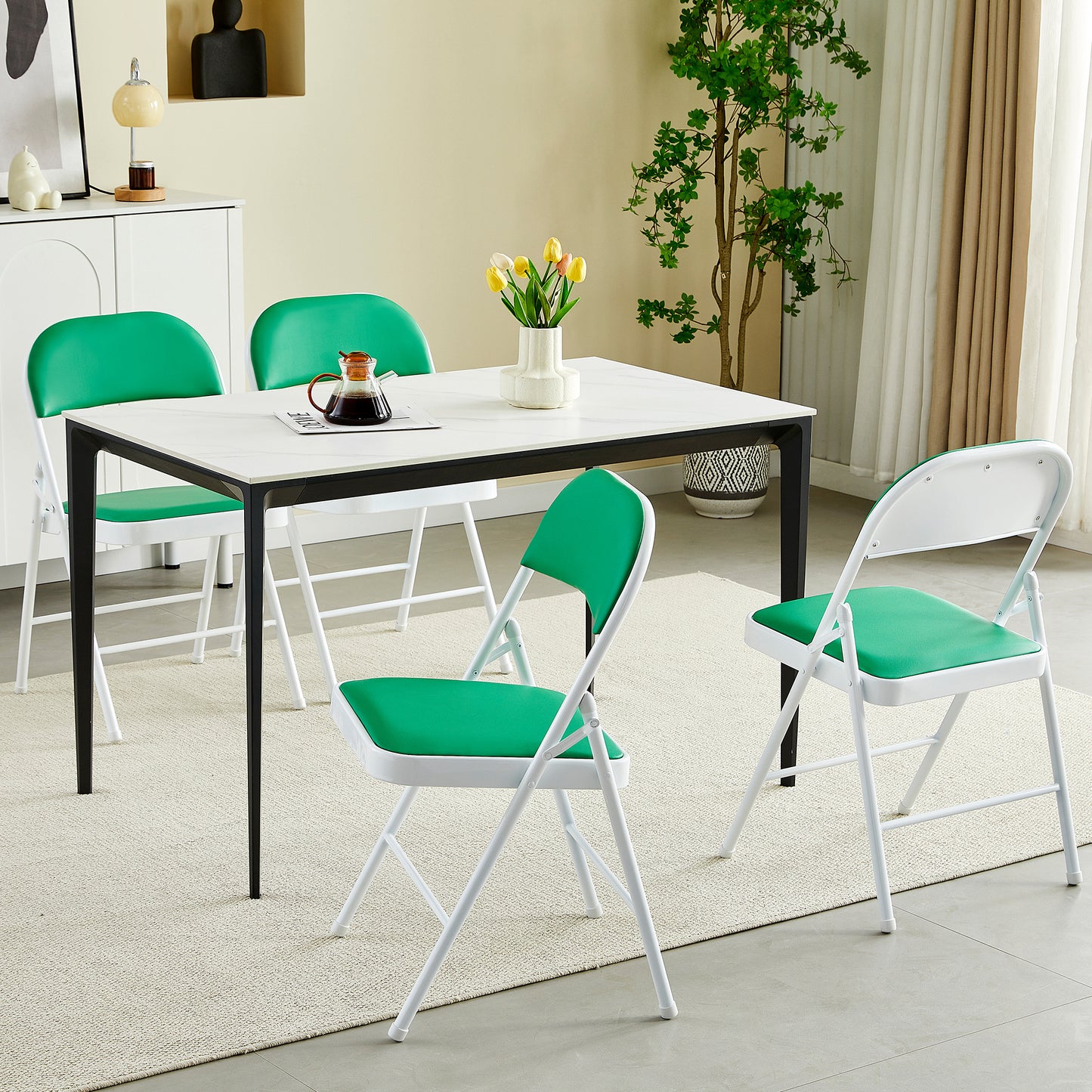 Set of 4 Folding Chairs, Faux Leather Foldable Chairs with Metal Frame and Padded Seat, Easy to Fold and Store for Home, Office, Dining and Reception