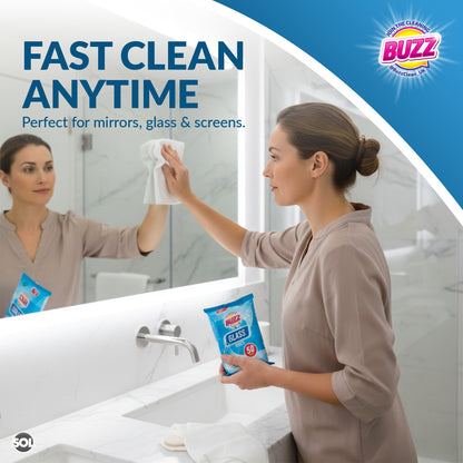 Buzz Glass Cleaning Wipes 600pk | Bulk Streak-Free Window & Mirror Cleaner Wipes | Professional Shine for Home, Car & Screens | Removes Grease & Smudges | Ideal for Holiday Cleaning & Stocking Up