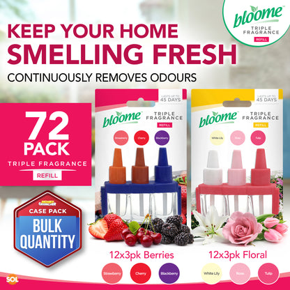 72 Pack (24 x 3pk) Bloome Triple Fragrance Refill | Air Freshener Refills for Home | Mixed Scents Berries & Floral | Long Lasting Plug In Fragrance Refill Set | Relaxing Home Ambience for Bedroom & Living Room