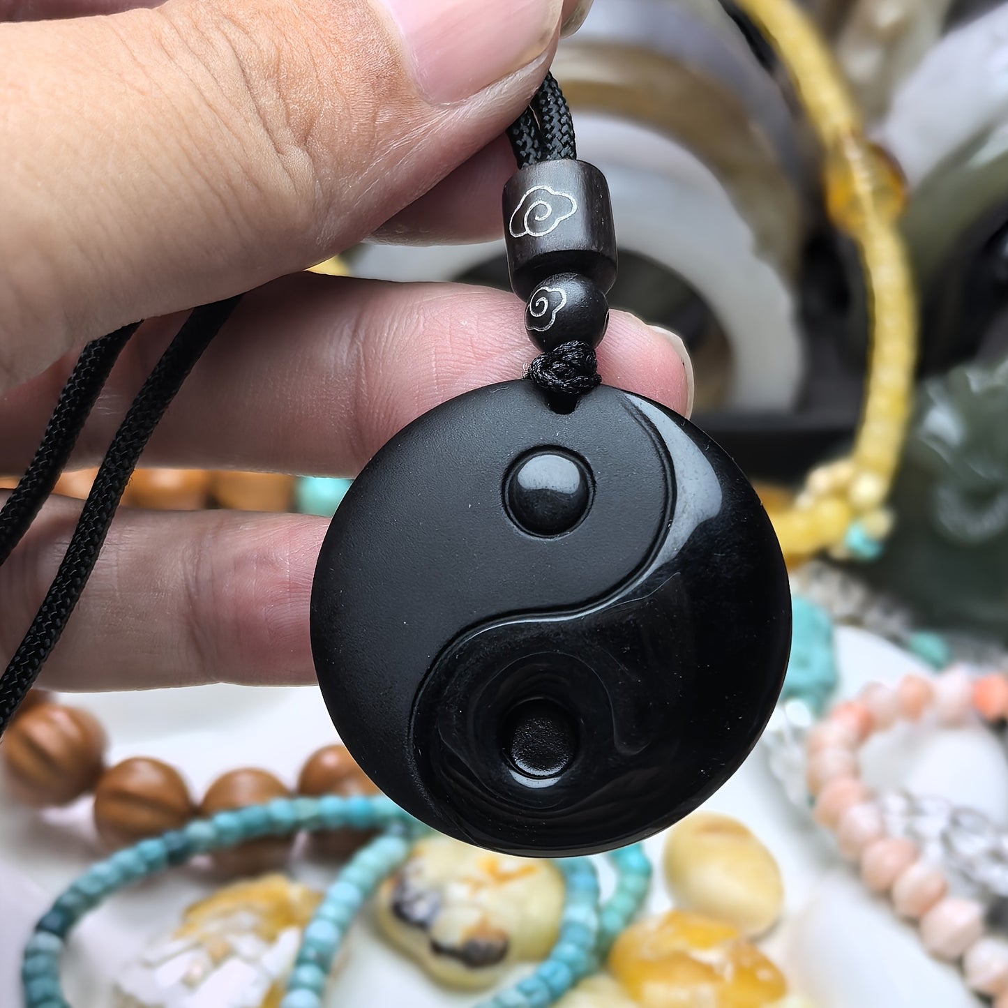 One Piece of Obsidian Yin Yang Tai Chi Pendant Necklace Designed for Men