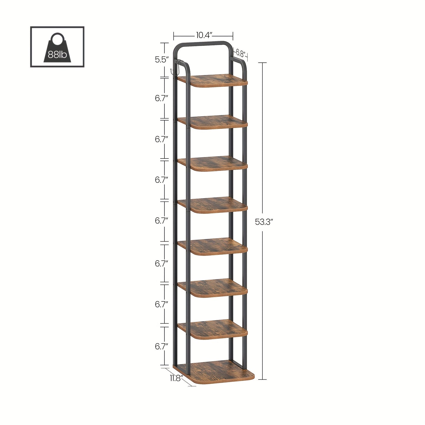 Vertical Shoe Rack, Shoe Shelves, Wood Shoe Organizer for Closet, Entryway, Shoe Tower for Small Spaces, Free Standing, Adjustable, with 2 Hooks, 6/8/10 Tier Rustic Brown, Greige