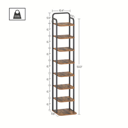 Vertical Shoe Rack, Shoe Shelves, Wood Shoe Organizer for Closet, Entryway, Shoe Tower for Small Spaces, Free Standing, Adjustable, with 2 Hooks, 6/8/10 Tier Rustic Brown, Greige