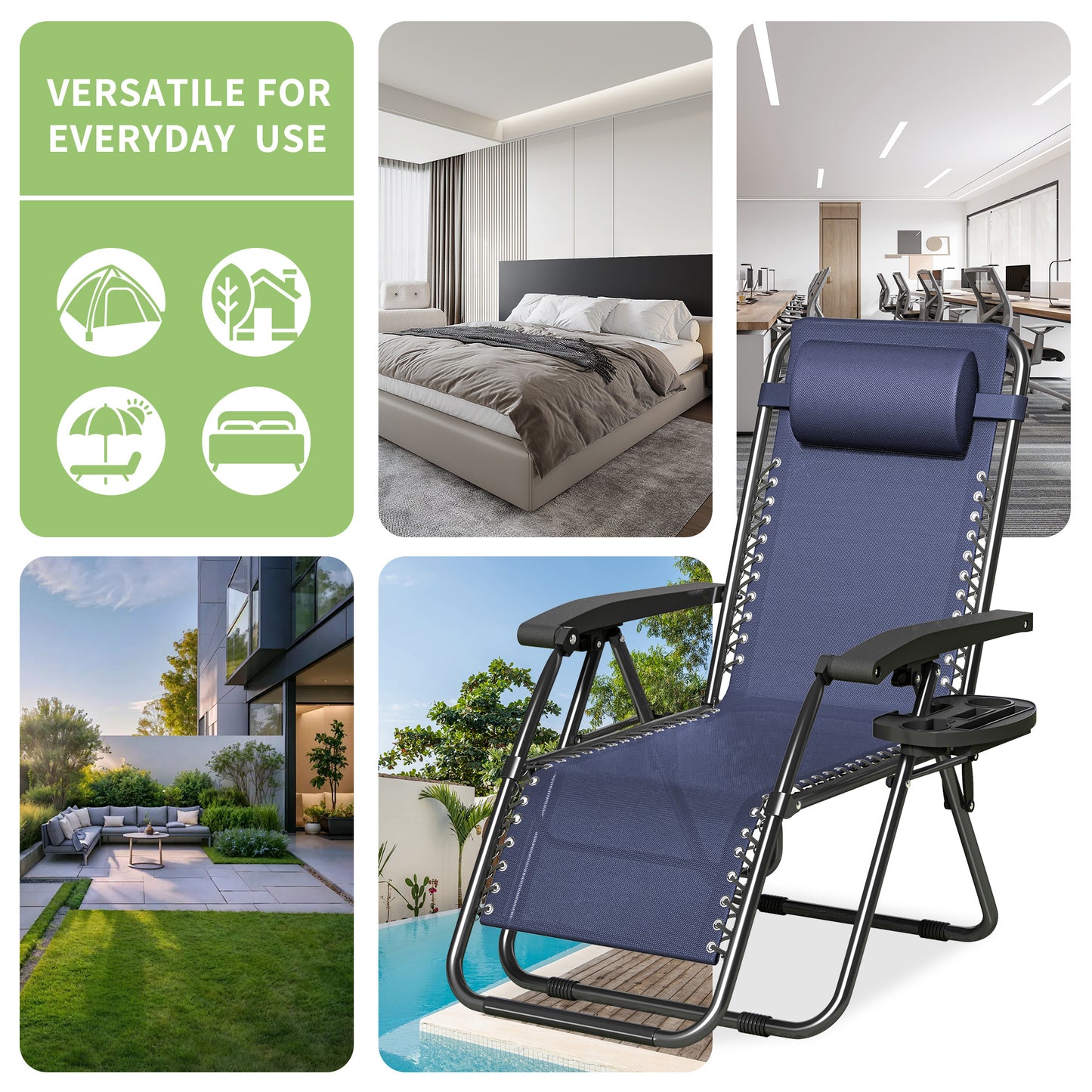 2pcs Zero Gravity Chairs, Fabric Foldable Patio Chairs Outdoor, Lounge Camping Chairs with Padded Pillow, Armrest, Footrest and Cup Holder - Textilene Fabric