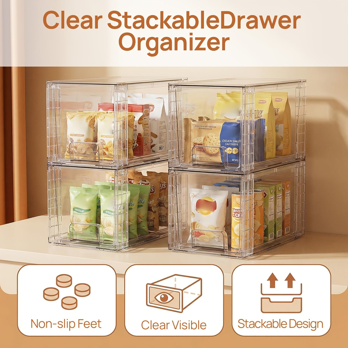 4pcs Food Storage Drawers - Clear Stackable Slide-Out Cabinet Organizers with Lids, Plastic Bins for Pantry, Kitchen, Cabinet, Undersink, Bathroom Organization