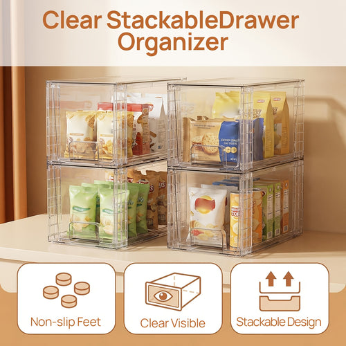 4pcs Food Storage Drawers - Clear Stackable Slide-Out Cabinet Organizers with Lids, Plastic Bins for Pantry, Kitchen, Cabinet, Undersink, Bathroom Organization