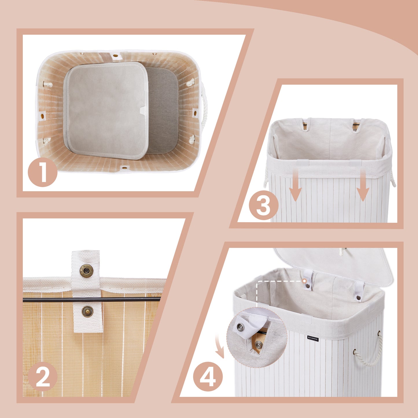 Bamboo Hamper with Lid, Collapsible Laundry Basket, Removable Liner, Handles, for Bedroom, Laundry Room, White