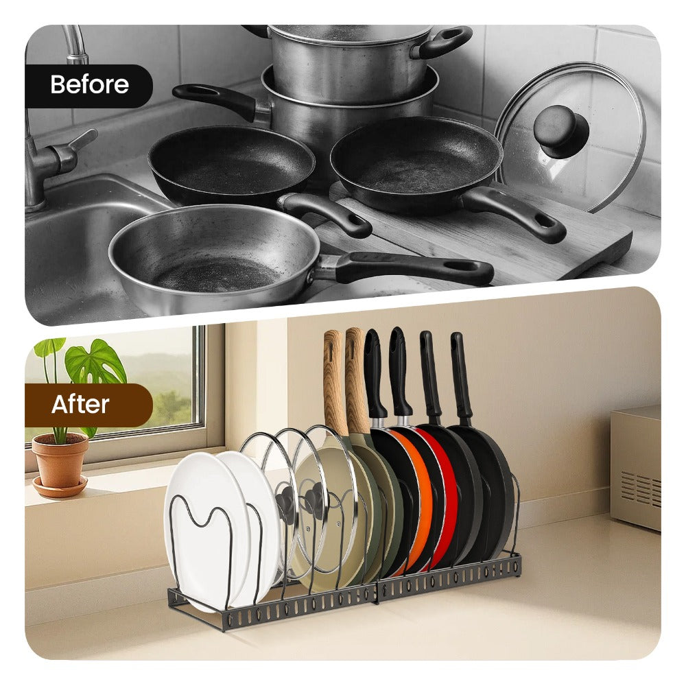 1 Set Pot and Pan Organizer Rack with 10 Adjustable Dividers – Expandable Kitchen Cabinet Storage for Lids, Dishes, Cookware – Bakeware Rack for RV & Home