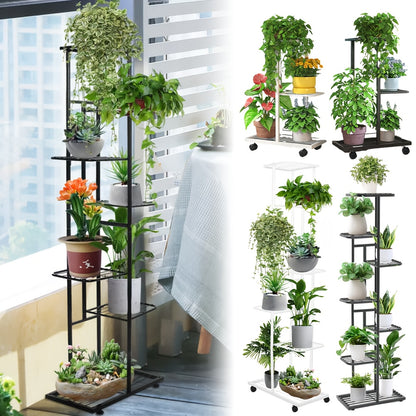 3/7 Layers Versatile Indoor/Outdoor Metal Flower Stand With Sliding Wheels - Multi-Tiered Plant Display Rack For Living Room & Balcony