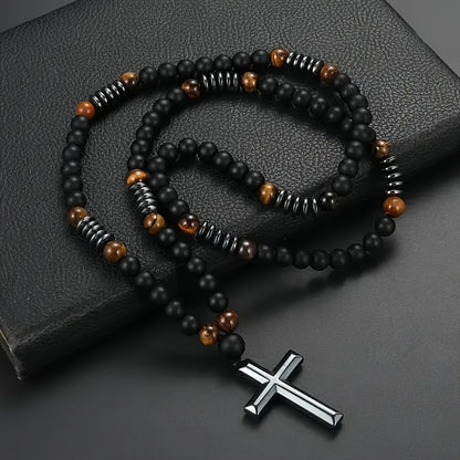 1pc FUTTMI Men's Natural Black Hematite Bead Necklace with Cross Pendant - 70cm/27.6in Heavy Duty Genuine Stone Prayer Beads, Christ Symbol for Christmas Gifts, Daily Wear & Religious