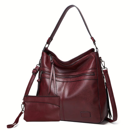 Large Tote Backpack with Crossbody Strap - Multi-Pocket Handheld Shoulder Bag Suitable for Commuting, &, Adjustable Strap, Zipper Closure, Casual Tote for Daily Use (Burgundy//Tan)