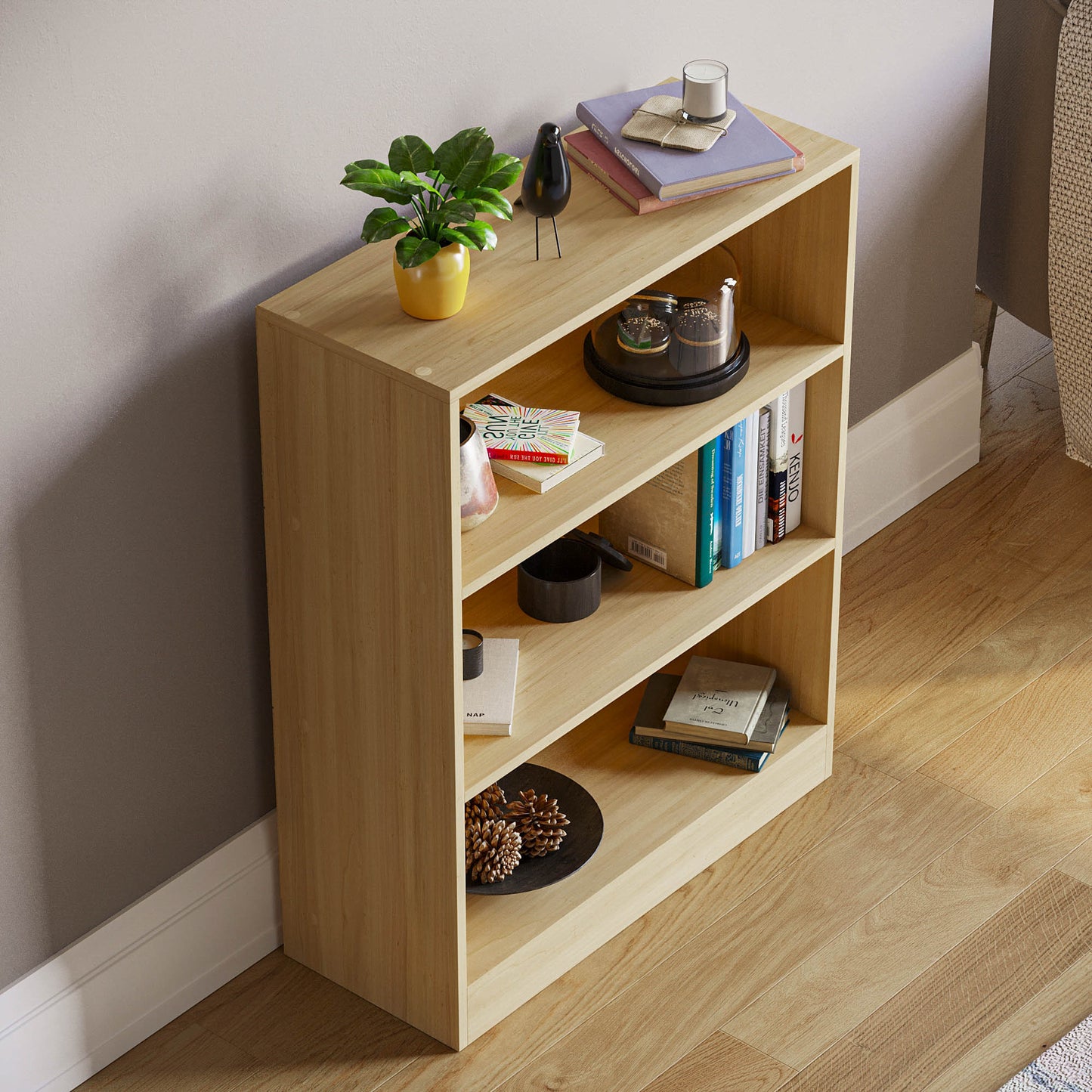 3-Tier Bokcase, Wooden 3 Tier Low Bookcase Wooden Shelving Display Storage Unit Home Office Living Room Bedroom Furniture