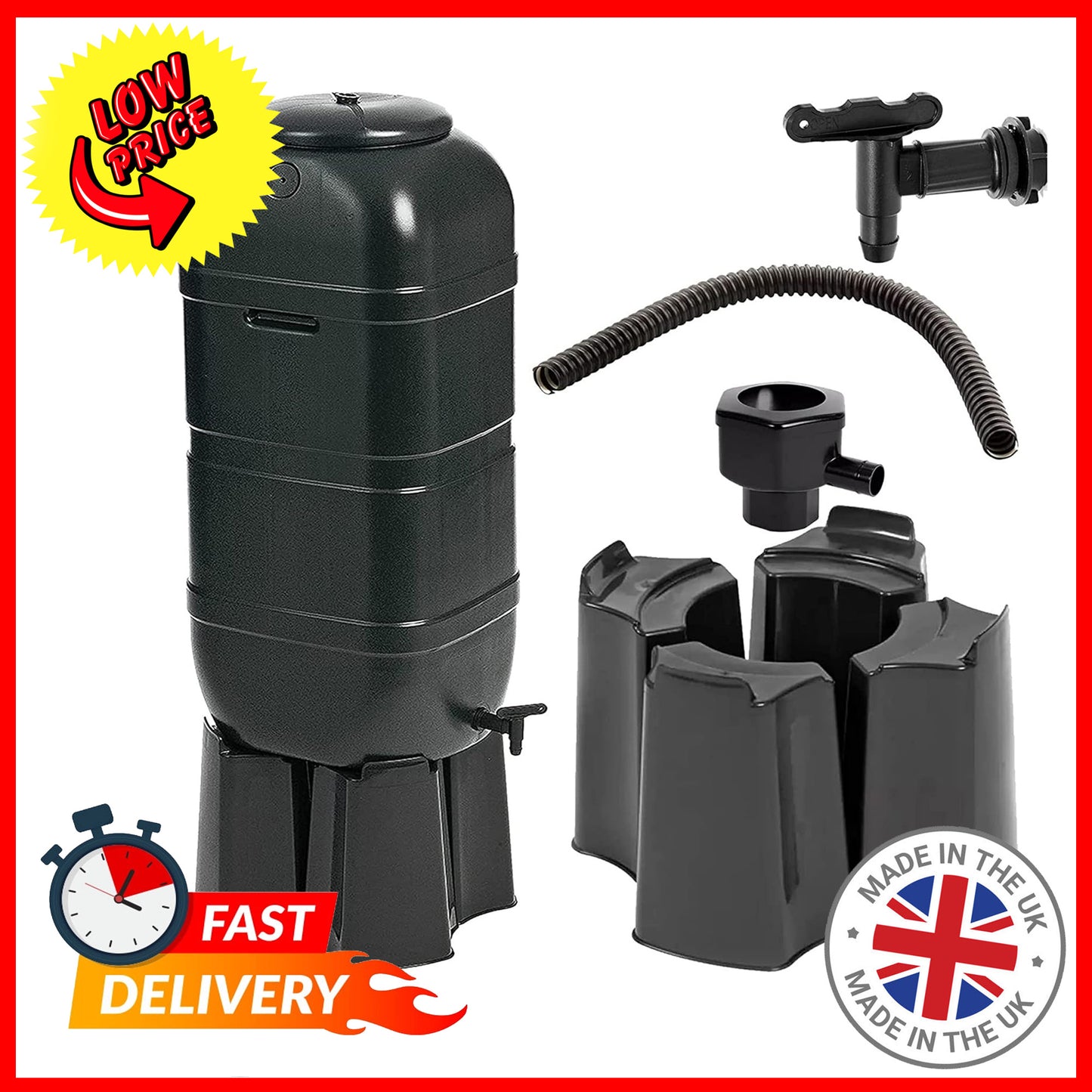 100 Litre Black Slimline Water Butt Rainwater Barrel With Stand, Kit & Diverter