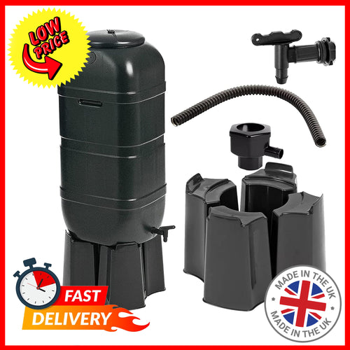 100 Litre Black Slimline Water Butt Rainwater Barrel With Stand, Kit & Diverter