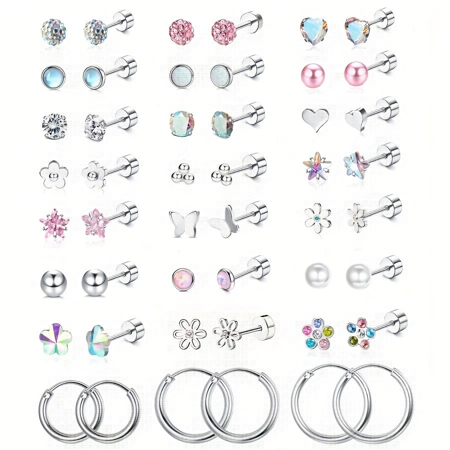 SHZYLN24 Pairs of Girl and Lady Earrings - 316L Stainless Steel Stud Earrings, Cute CZ 4mm Mini Flat Back Screw Earrings Set., for Teenager
