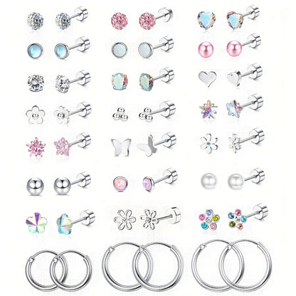 SHZYLN24 Pairs of Girl and Lady Earrings - 316L Stainless Steel Stud Earrings, Cute CZ 4mm Mini Flat Back Screw Earrings Set., for Teenager