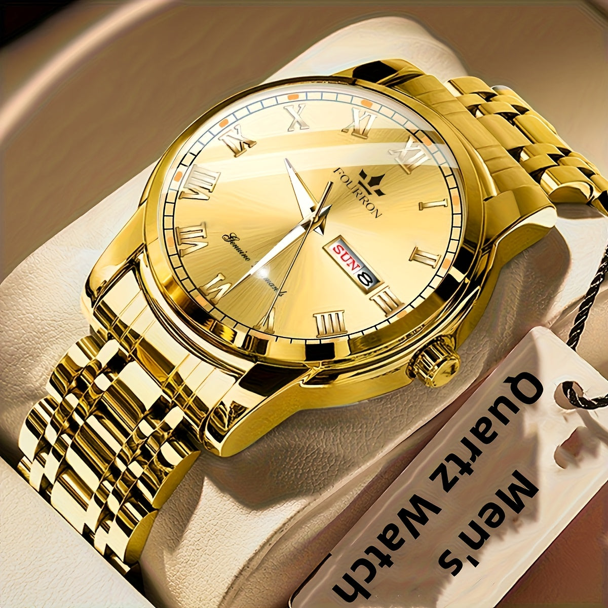 1pc FOURRON Brand New Trendy Fashion Men'S Quartz Watch Stainless Steel Strap with Day Date, Roman Numeral Disc Multi-Function Luminous Luxury Men'S Wristwatches, Friends And Relatives Birthday Gifts, Holiday Party Gifts Preferred Choice