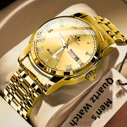 1pc FOURRON Brand New Trendy Fashion Men'S Quartz Watch Stainless Steel Strap with Day Date, Roman Numeral Disc Multi-Function Luminous Luxury Men'S Wristwatches, Friends And Relatives Birthday Gifts, Holiday Party Gifts Preferred Choice