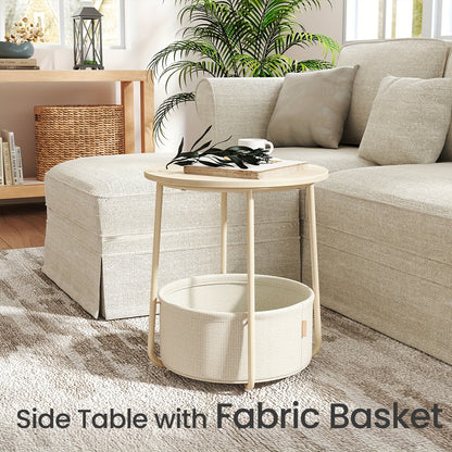 Modern Round End Table with Storage Fabric Basket - Beige/Cream White/Laurel Green/Jelly Pink Bedside Table, Metal Frame & Round Top, Space-Saving Accent Table for Living Room,, Dorm - Easy Assembly, Non-Wood Furniture