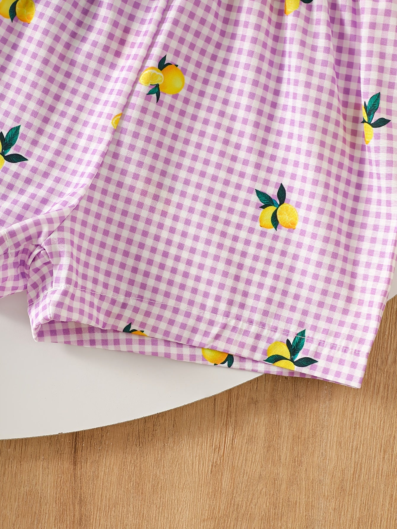 2pcs Set. Girls' Vest And Shorts Outfit, Lemon Print, Contrast Plaid Pattern, Bow Detail, Ruffled Hem. Summer Casual Outfit for Girls. Ideal Gift for 1-8 Year Olds. Suitable for Outdoor Wear