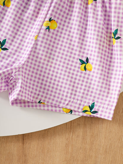 2pcs Set. Girls' Vest And Shorts Outfit, Lemon Print, Contrast Plaid Pattern, Bow Detail, Ruffled Hem. Summer Casual Outfit for Girls. Ideal Gift for 1-8 Year Olds. Suitable for Outdoor Wear