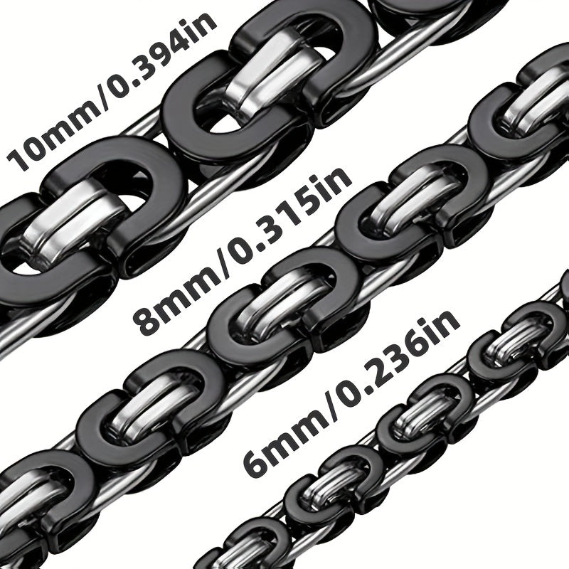 1pc Stainless Steel Black Flat Byzantine Chain Link Necklace For Men And Women, Available In 6mm, 8mm And 10mm Width And 18-28 Inches Length