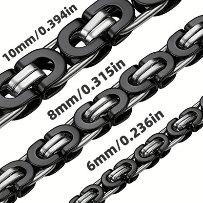 1pc Stainless Steel Black Flat Byzantine Chain Link Necklace For Men And Women, Available In 6mm, 8mm And 10mm Width And 18-28 Inches Length