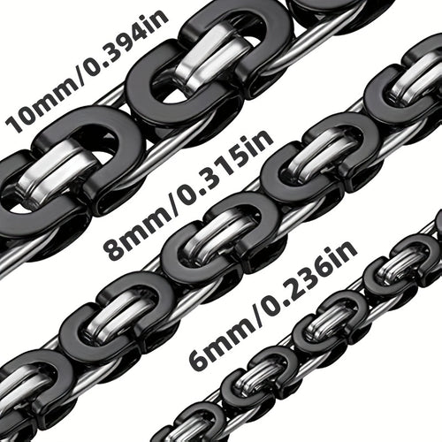 1pc Stainless Steel Black Flat Byzantine Chain Link Necklace For Men And Women, Available In 6mm, 8mm And 10mm Width And 18-28 Inches Length