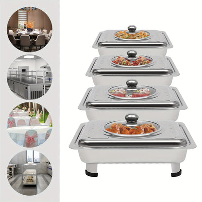 4pcs Stainless Steel Insulated Buffet Tray Set - High-grade Glass Lid + Removable Non-slip Feet, Essential for Banquet/ buffet/ wedding/ picnic, Easy to Clean and Save Space, Dual-use for Commercial and Domestic Use