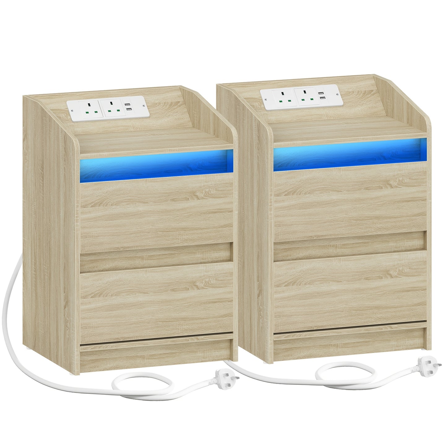 Bedside Table with LED Lights & Charging Station – 2 Drawer Nightstand with USB Ports & Power Outlets, White, Compact 35x40x58cm Bedroom Side Table with Remote Control