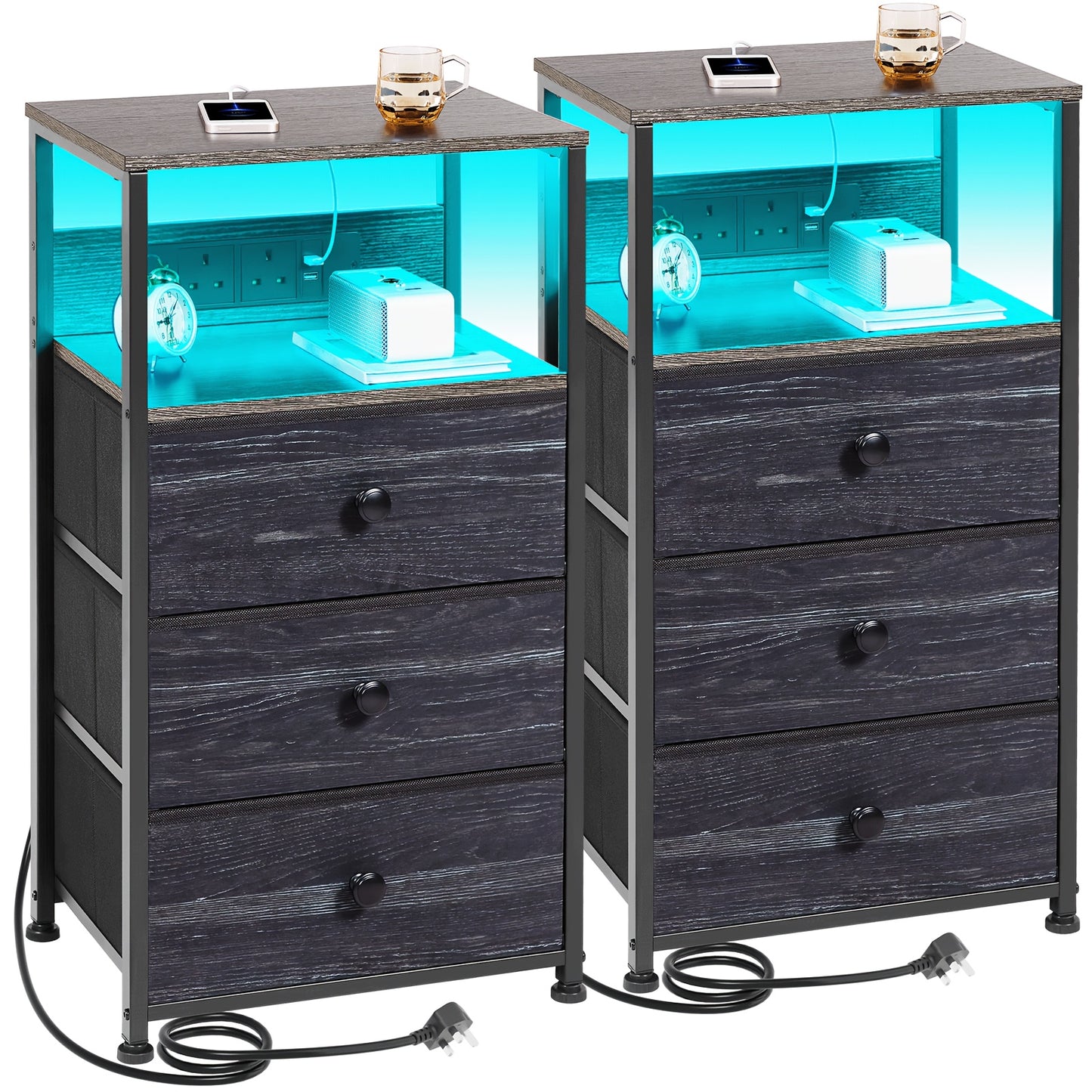 Bedside Table Set of 2 with Charging Station LED Light 3 Fabric Drawers Open Shelf Nightstand Bedside Cabinet Bedroom Living Room Side Table