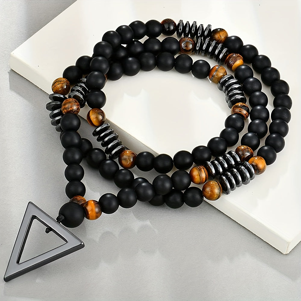 1pc Fashionable Retro Jewelry Yellow Tiger Eye Black Agate with Hematite Stone Triangle Pendant for Men'S Original Stone Necklace for Daily Wear