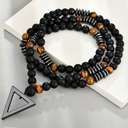 1pc Fashionable Retro Jewelry Yellow Tiger Eye Black Agate with Hematite Stone Triangle Pendant for Men'S Original Stone Necklace for Daily Wear