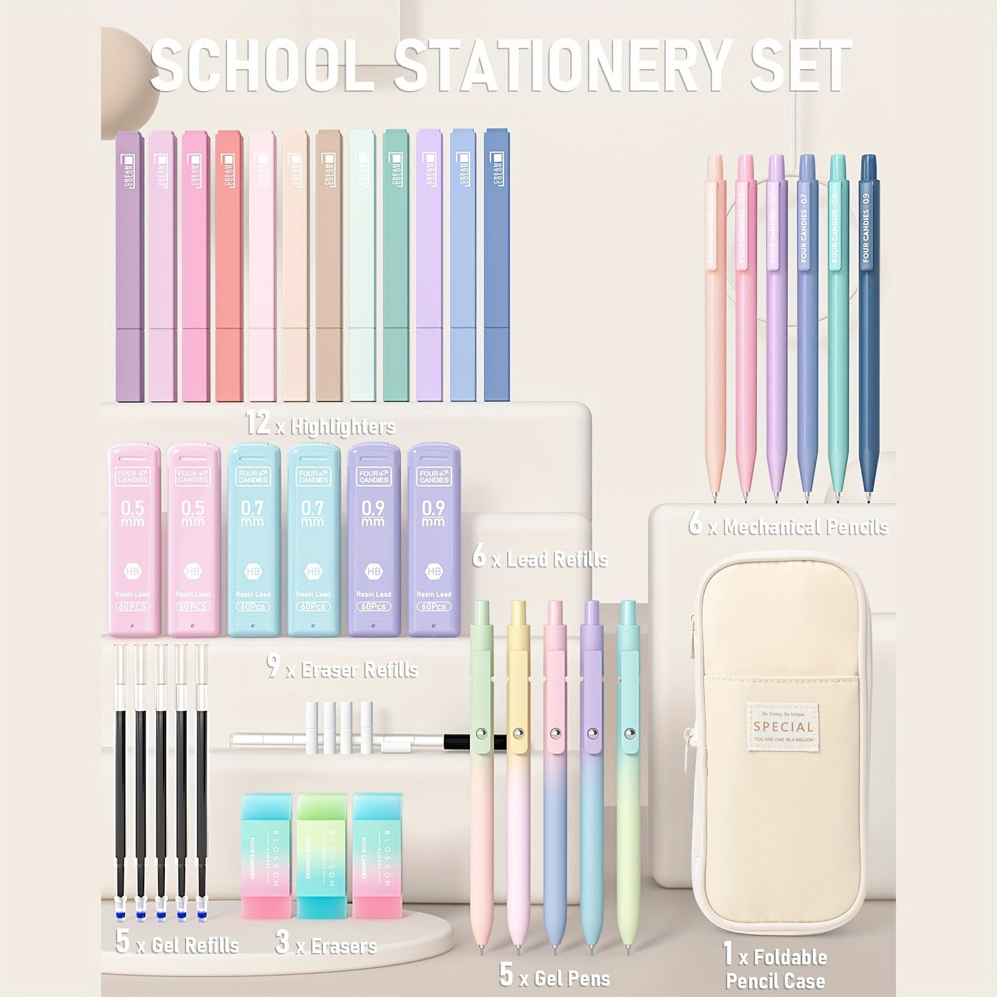 Four Candies 39pcs Cute School Supplies with Pen Case, 5 Black Ink Gel Pens, 12 Pastel Highlighters, 6 Aesthetic Mechanical Pencils Set