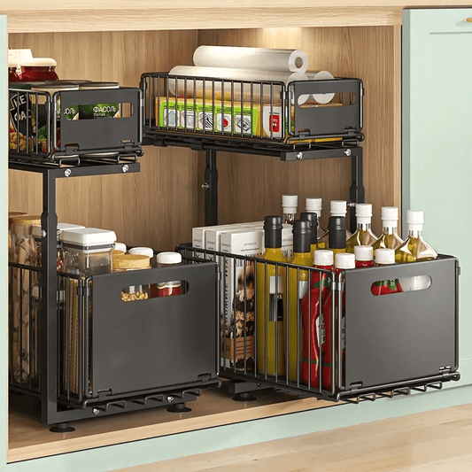 Metal 2- Tier Slide- Out Under Sink Organizer Basket - Heavy- Duty Pull- Out Storage Rack with Adjustable Height, Sliding Drawers- Space- Saving Kitchen Cabinet Organizer for Utensils, Spices, Cleaning Supplies - Home Organization