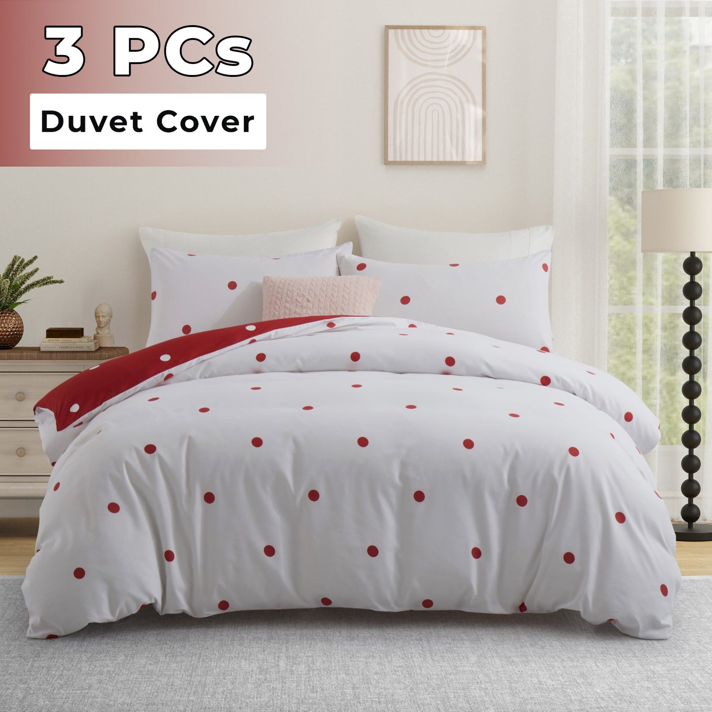 3pcs Reversible Polka Dot Duvet Cover Set – Hotel Quality, Soft & Breathable Microfiber, with Pillowcases, Button Closure, Machine Washable, Wrinkle Free & Durable