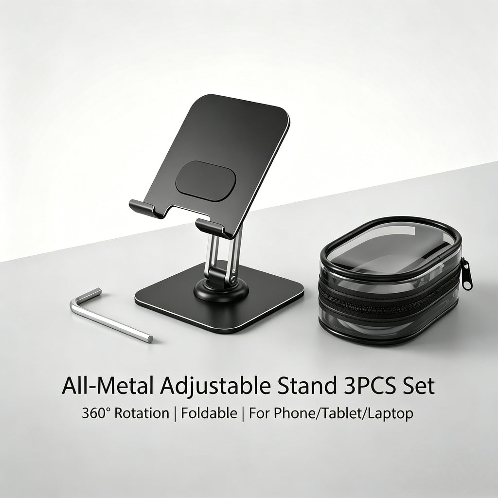 Adjustable Tablet Stand 360° Rotating All-Metal Foldable Desktop Holder for iPad Phone Laptop - 3-Piece Set with Hex Wrench & Cable Storage Bag