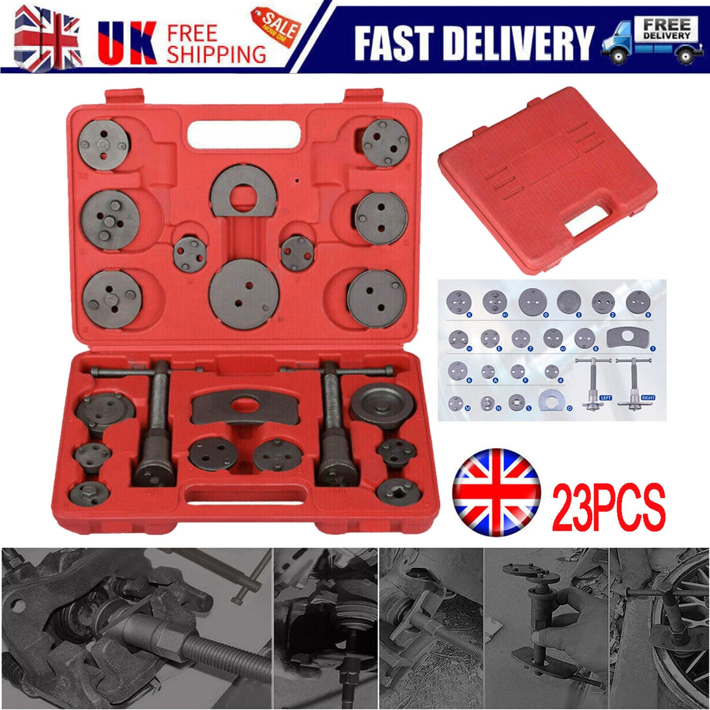 Universal New Brake Caliper Piston Rewind Wind Back Tool Kit Set 23pcs Disc Brake Caliper Compression Tool Kit And Piston Wind Back Tool with Case for Brake Pad Replacement Reset, Professional Heavy Duty Car Brake Caliper Compression Universal Tool