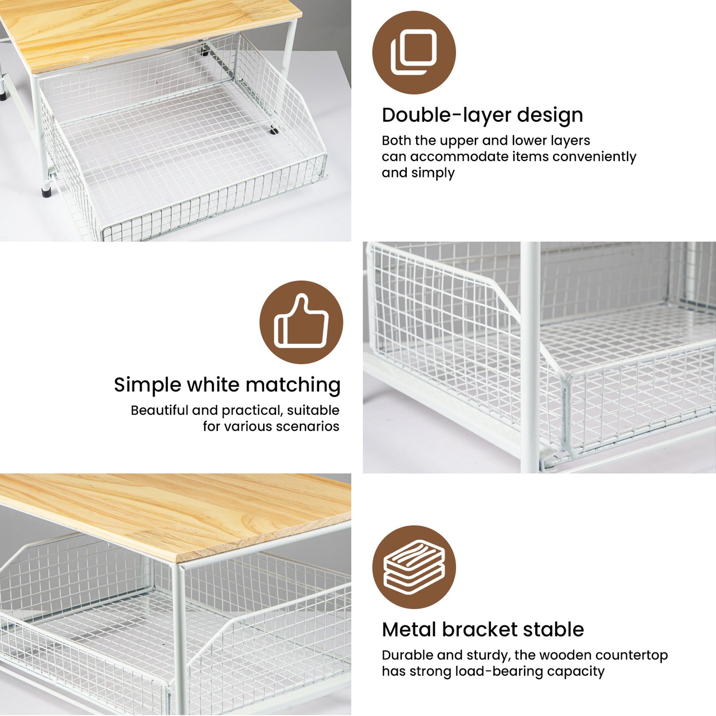 Space-Saving Kitchen Countertop Storage Rack with Drawers And Metal Baskets - Sturdy And Durable Double-Layer Metal Storage Rack for Cookware, Tableware, And Condiments - Modern Black And White Design.