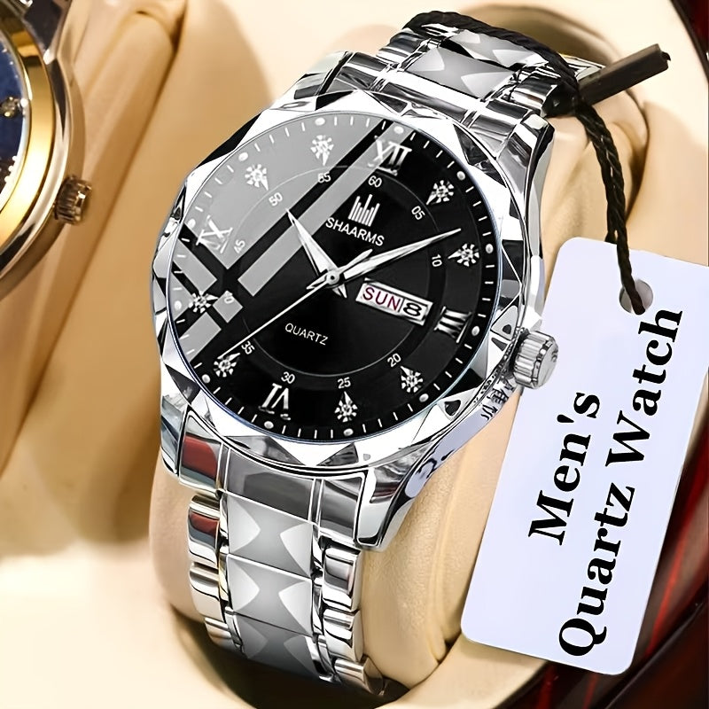 1 New Stainless Steel Band Men'S Quartz Watch Roman Numeral Dial Inlaid with Rhinestones Date Calendar Trendy Fashion Easy Brand Luxury Luminous Sports Leisure Life Travel Business Multi-Function Watch Birthday Gift Holiday Gift Gift Ideal Choice